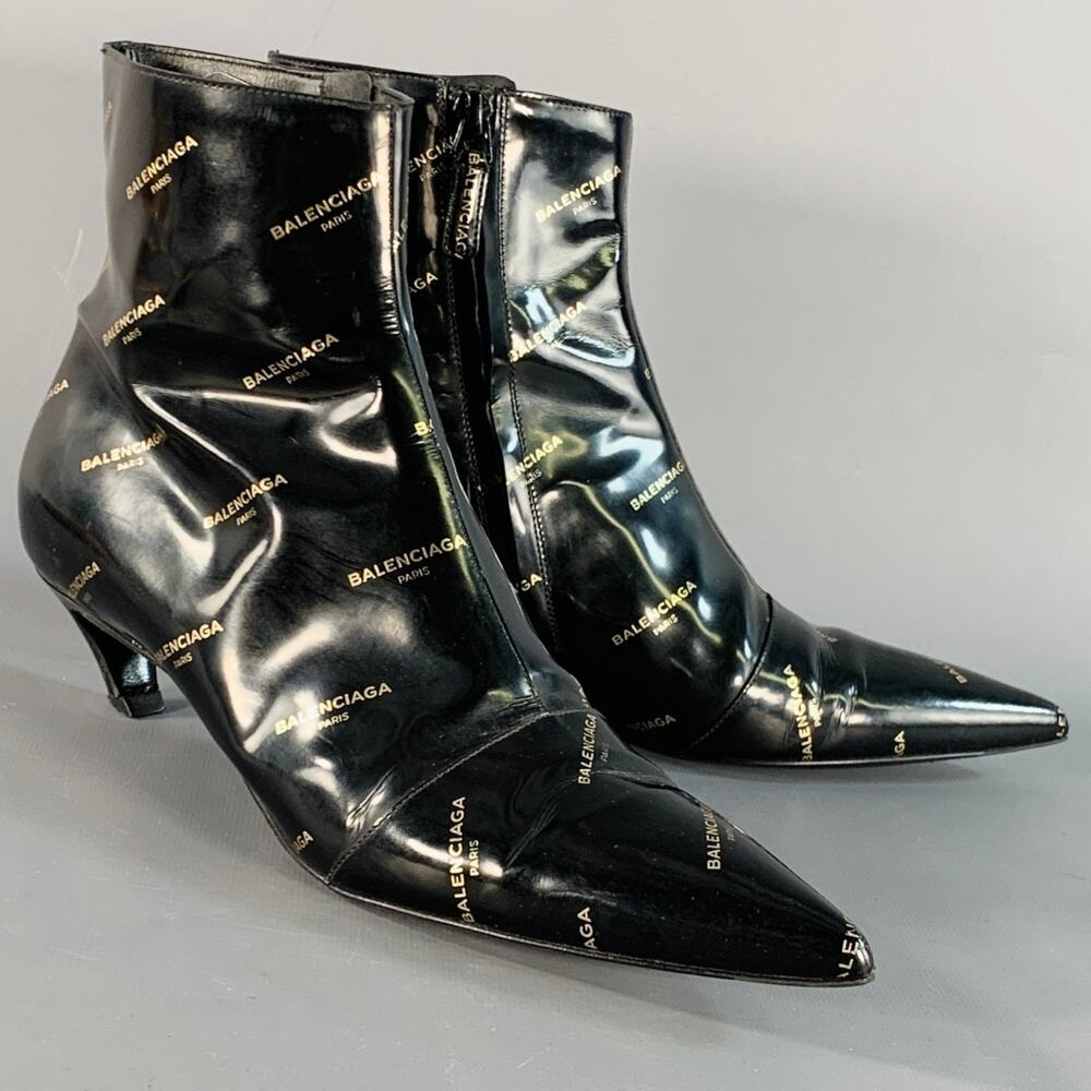 BALENCIAGA Size 8 Black Gold Logo Patent Leather Ankle Kitten Heel Boots